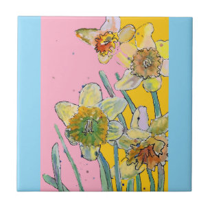 Aquarel Narcis Bloem Bloemrijk Roze Geel Blauw Tegeltje