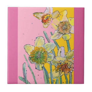 Aquarel Narcis Bloem Bloemrijk Roze Geel Tegeltje