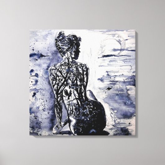Aquarel - Natuur Dame - Zwart & Wit Canvas Afdruk (Voorkant)