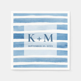 Aquarel nautisch huwelijk. Blauwe strepen monogram Servet