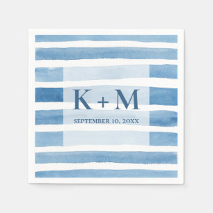 Aquarel nautisch huwelijk. Blauwe strepen monogram Servet