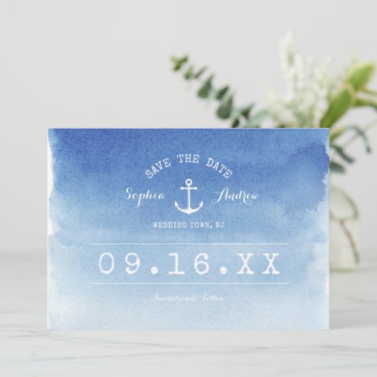 Aquarel nautisch strand bruiloft save the date (Staand voorkant)