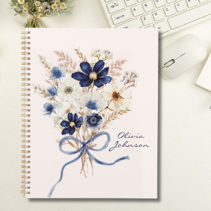 Aquarel Navy Blauwe Bloemboeket Gepersonaliseerd Notitieboek