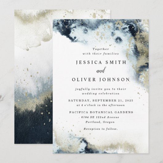 Aquarel Navy Blauwe & Gouden Trouw Uitnodiging (Voorkant / Achterkant)