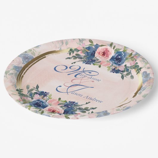 Aquarel Navy & Blush Bruiloft Papieren Bordje (Gekanteld)