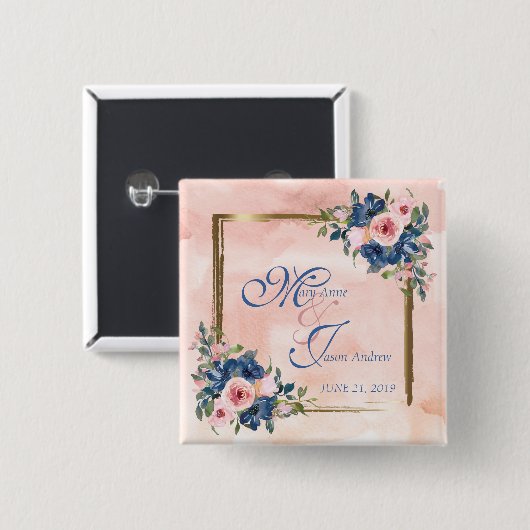 Aquarel Navy & Blush Bruiloft Vierkante Button 5,1 Cm (Voorkant /achterkant)