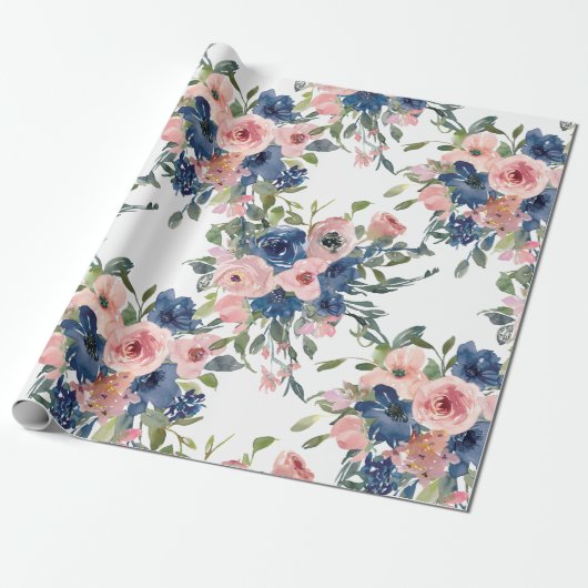 Aquarel Navy en Blush Bloem Cadeaupapier (Uitgerold)