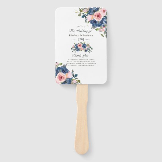 Aquarel Navy en Blush Bloemen Huwelijksprogramma Handwaaier (Voorkant)