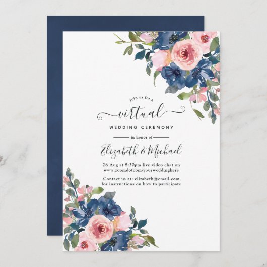 Aquarel Navy en Blush Bloemen Virtuele Trouwdag Kaart (Voorkant / Achterkant)