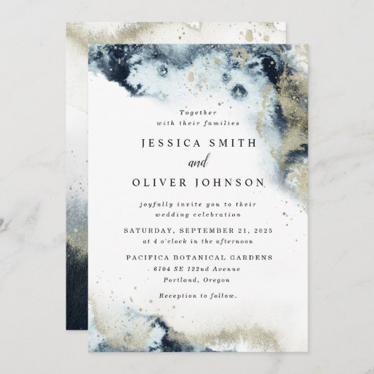Aquarel Navyblauw & Goud Trouw Uitnodiging (Voorkant / Achterkant)