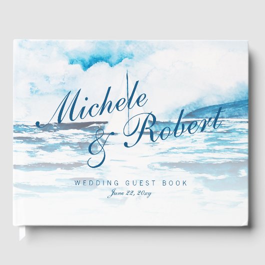 Aquarel Navyblauw Witte Boot Zee Zomer Bruiloft Gastenboek (Voorkant)