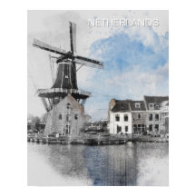 Aquarel Nederland Windmolen – Nederlands 