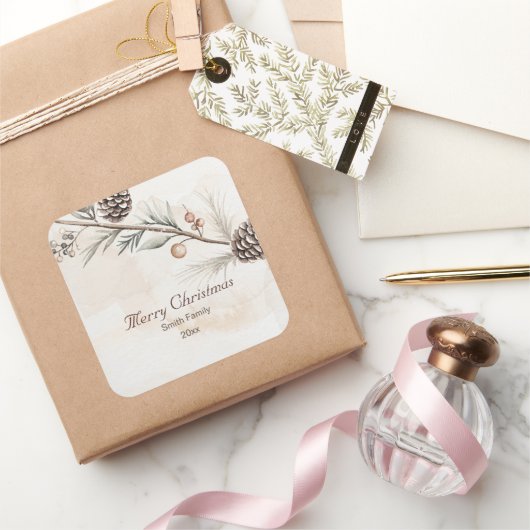 Aquarel Neutrale kleur Kerstboom Vierkante Sticker (Geschenken)