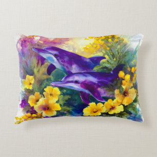 Aquarel Oceaan Dolfijnen Tropische Bloemen Accent Kussen