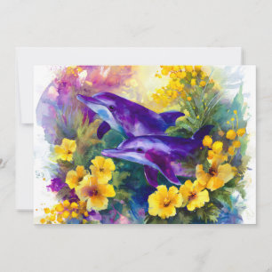 Aquarel Oceaan Dolfijnen Tropische Bloemen Feestdagenkaart