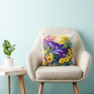 Aquarel Oceaan Dolfijnen Tropische Bloemen Kussen
