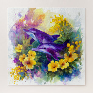 Aquarel Oceaan Dolfijnen Tropische Bloemen Legpuzzel