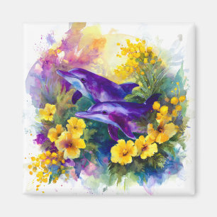 Aquarel Oceaan Dolfijnen Tropische Bloemen Magneet