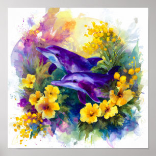 Aquarel Oceaan Dolfijnen Tropische Bloemen Poster