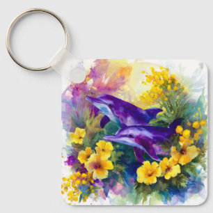 Aquarel Oceaan Dolfijnen Tropische Bloemen Sleutelhanger
