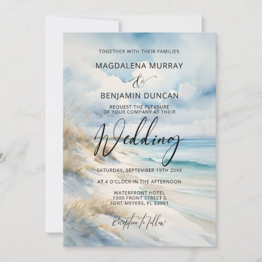 Aquarel Oceaan Kust Op het Strand Bruiloft Kaart (Voorkant)