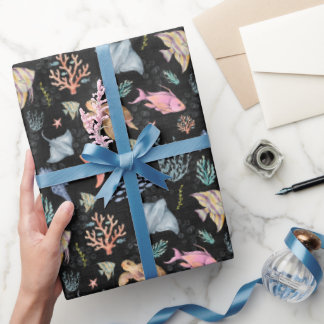 Aquarel Oceaanleven Gestextureerd Zwart Cadeaupapier