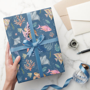 Aquarel Oceaanleven Gestructureerd Donker Azuur Cadeaupapier