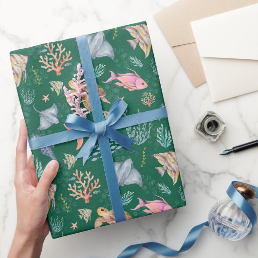 Aquarel Oceaanleven Gestructureerd Donkergroen Cadeaupapier (Geschenken)