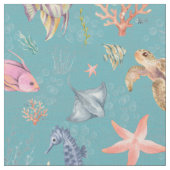 Aquarel Oceaanleven Gestructureerd Turquoise Stof (Close Up)