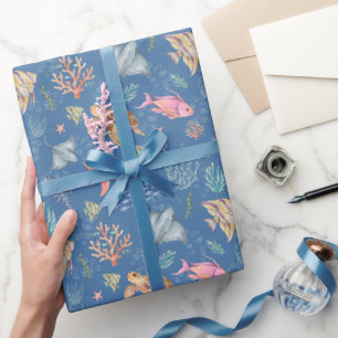 Aquarel Oceaanleven Getextureerd Blauw Cadeaupapier