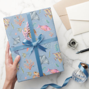 Aquarel Oceaanleven Getextureerd Lichtblauw Cadeaupapier