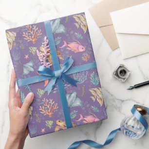 Aquarel Oceaanleven Getextureerd Paars Cadeaupapier