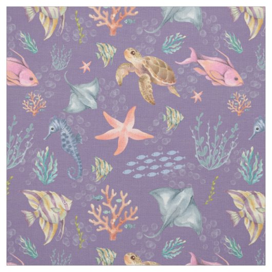 Aquarel Oceaanleven Getextureerd Paars Stof (Swatch)
