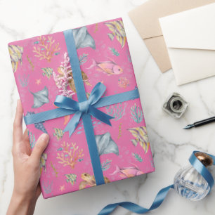 Aquarel Oceaanleven Getextureerd Roze Cadeaupapier