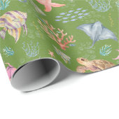 Aquarel Oceaanleven Getextureerde Avocado Cadeaupapier (Rol Hoek)