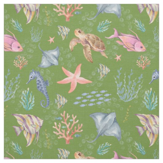 Aquarel Oceaanleven Getextureerde Avocado Stof (Swatch)