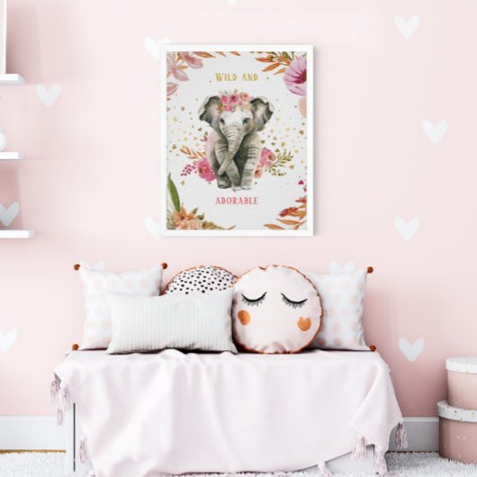 Aquarel Olifant Roze Bloemen Meisje Slaapkamer Poster