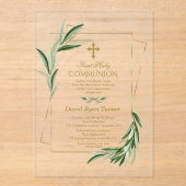 Aquarel Olijf Bladeren Gouden Jongen Heilige Commu Acryl Uitnodigingen (Voorkant)