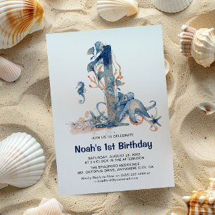 Aquarel Onder-de-Zee Jongens 1e Verjaardag Kaart