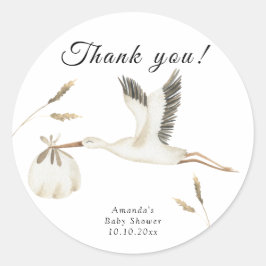 Aquarel ooievaar baby shower bedankt ronde sticker