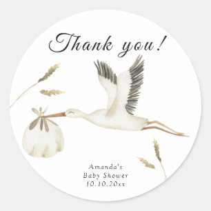 Aquarel ooievaar baby shower bedankt ronde sticker