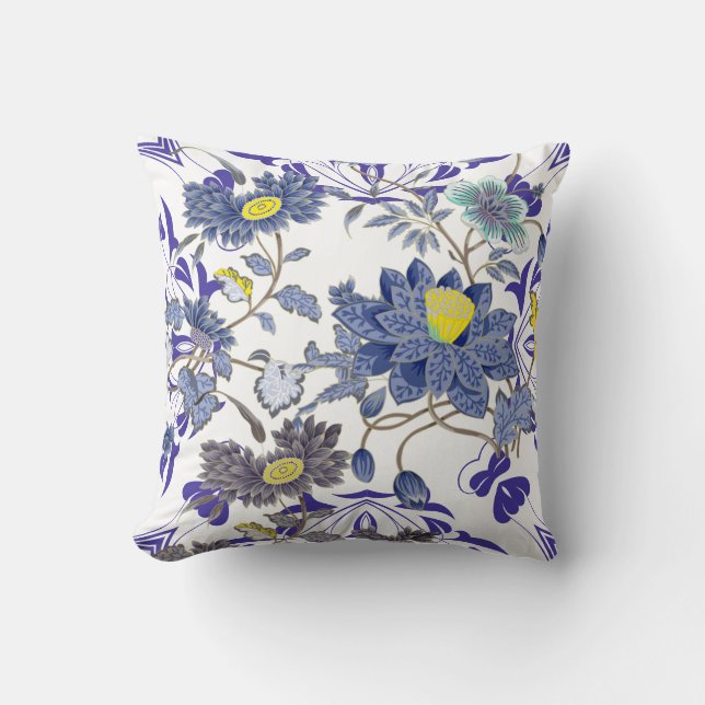 Aquarel Oriëntaalse Bloemen Blauw Geel Kussen (Voorkant)