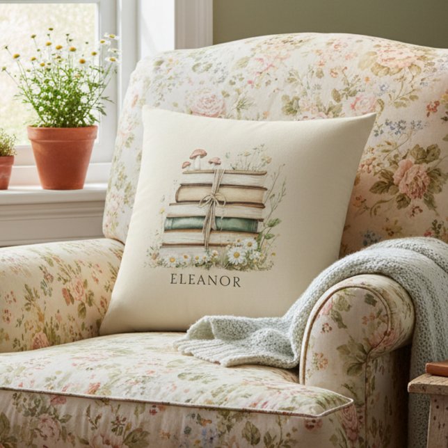 Aquarel Oude Boeken en Wilde Bloemen  Kussen (Creator heeft geüpload)