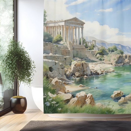 Aquarel Oude Griekse Kust Ruïnes Douchegordijn