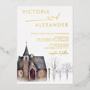 Aquarel Oude Kerk Sneeuw Winter Huwelijk Folie Uitnodiging