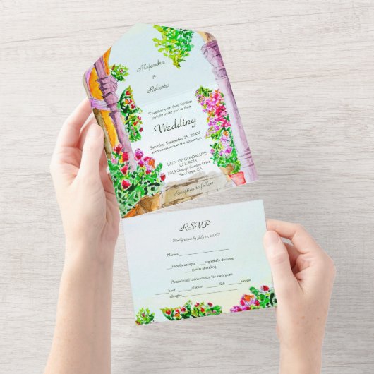 Aquarel Oude Stad & Bloemen Mexico Trouwdag All In One Uitnodiging (Afscheurbaar)