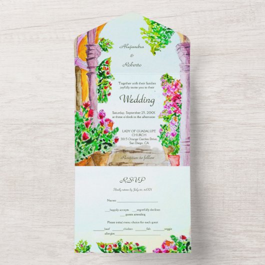 Aquarel Oude Stad & Bloemen Mexico Trouwdag All In One Uitnodiging (Binnen)