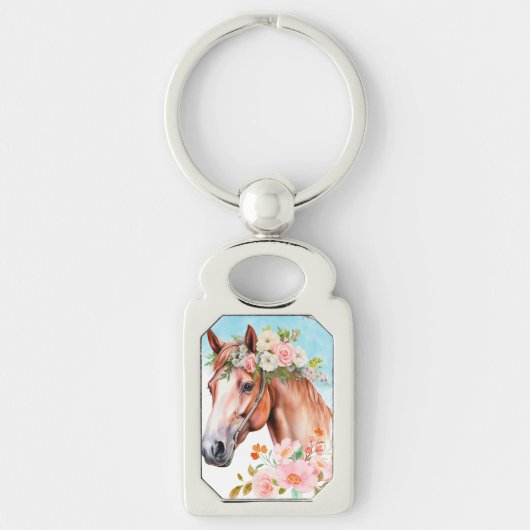 Aquarel Paard en Bloemen Sleutelhanger (Voorkant)