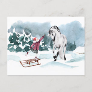 Aquarel Paard Winter Sneeuw Met Meisje Briefkaart