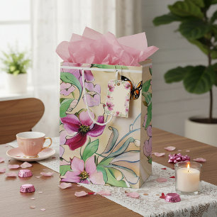 Aquarel paarse bloemen en vlinder medium cadeauzakje